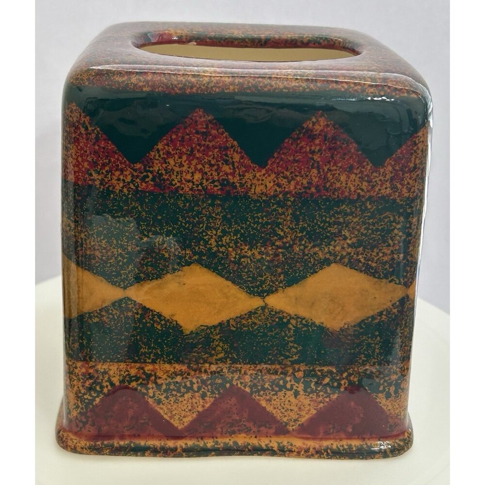 Vintage Southwestern Aztec Western Rustic Tissue Holder Ceramic Box Cover USA